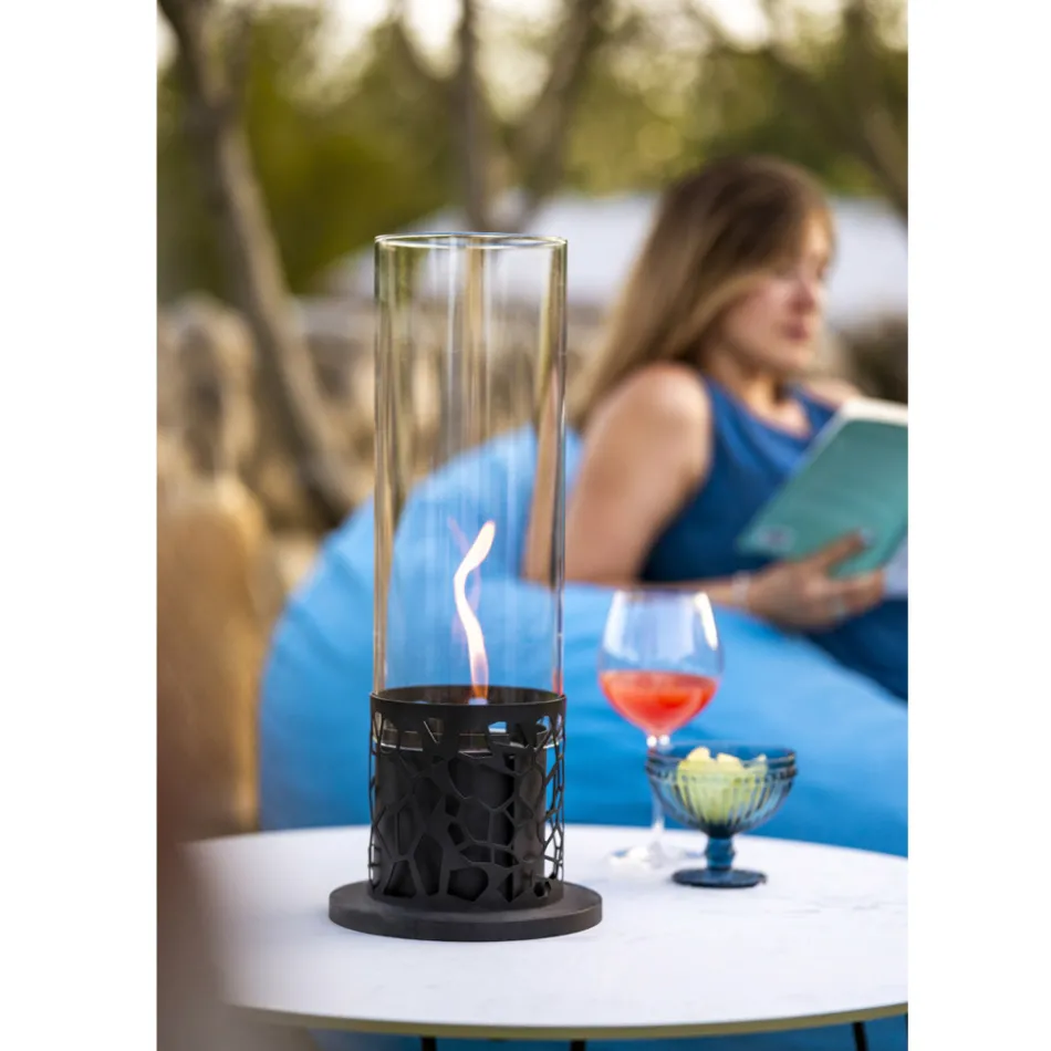 Biolareira de Mesa Cilíndrica em Vidro Temperado e Metal Preto - Ringo Viadurini