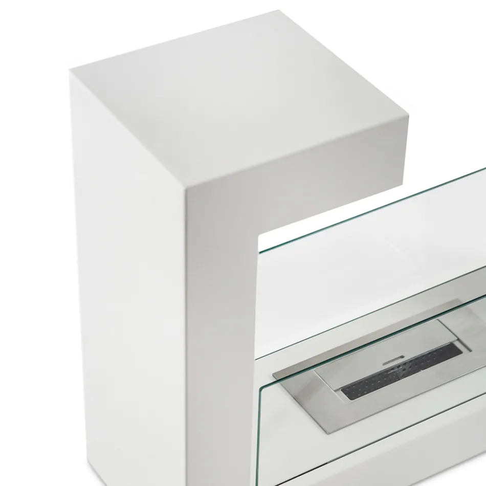 Piso Bio Lareira em Metal Pintado de Branco e Vidro Temperado - Pelide Viadurini