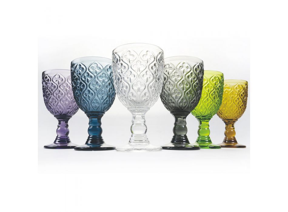 Taças de Vinho ou Água em Vidro Colorido e Decoração Arabesca 12 Peças - Marrocos Viadurini