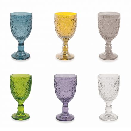 Taças de Vinho ou Água em Vidro Colorido e Decoração Arabesca 12 Peças - Marrocos Viadurini