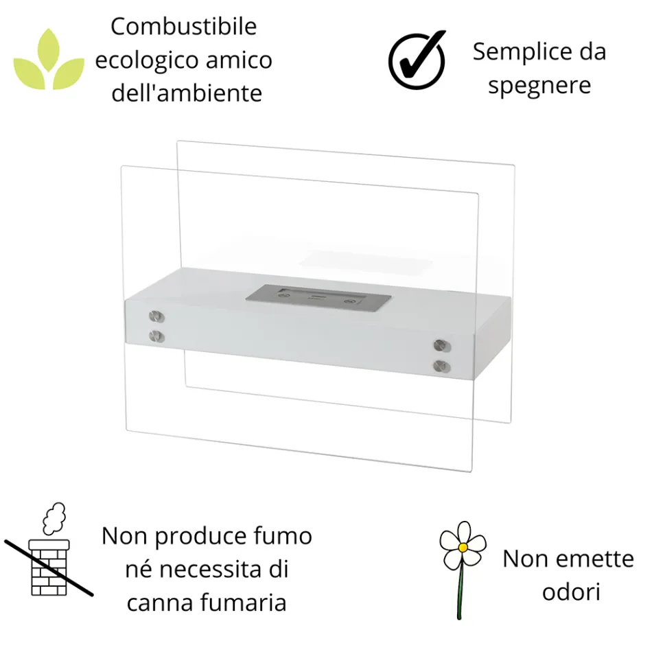 Lareira de Piso Bioetanol em Metal Branco e Vidro Temperado - Timon Viadurini