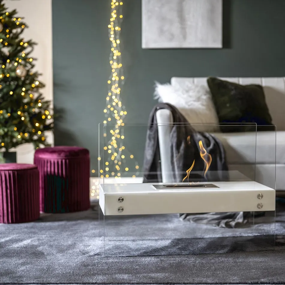 Lareira de Piso Bioetanol em Metal Branco e Vidro Temperado - Timon Viadurini