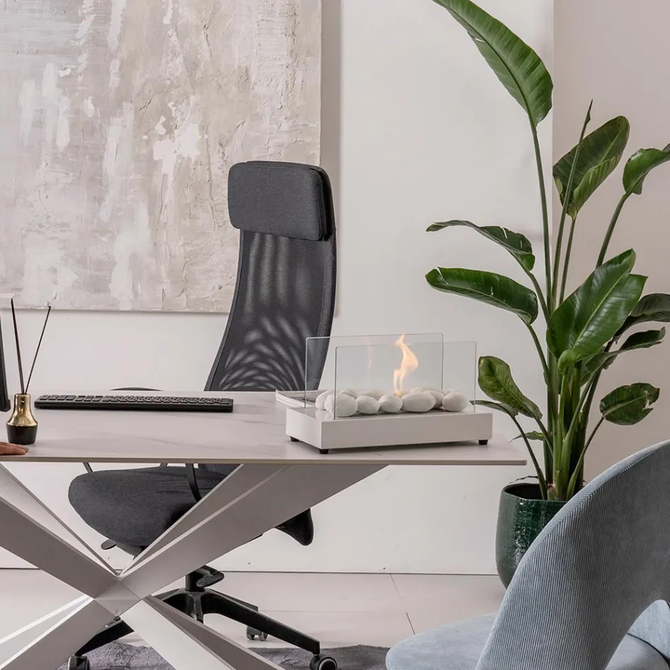 Lareira de mesa a bioetanol em vidro temperado e metal - prata Viadurini