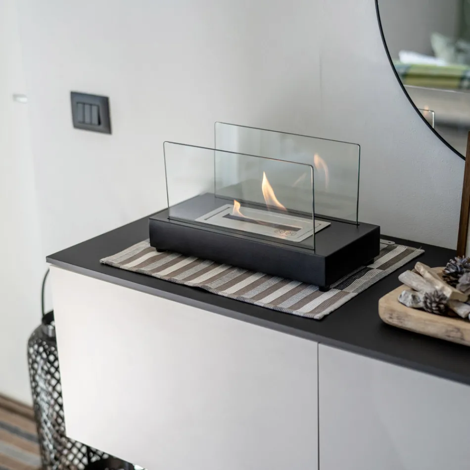 Lareira de mesa a bioetanol em vidro temperado e metal - prata Viadurini