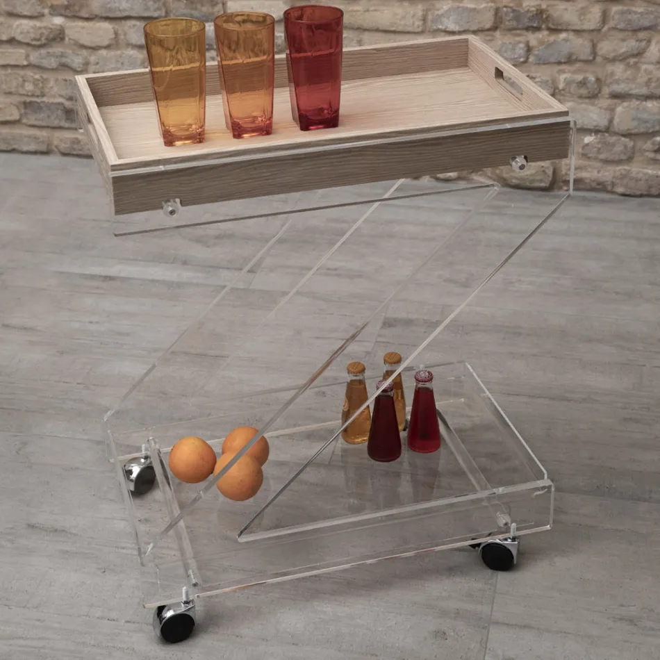 Carrinho 2 Prateleiras em Cristal Acrílico Transparente com Bandeja - Zazza Viadurini