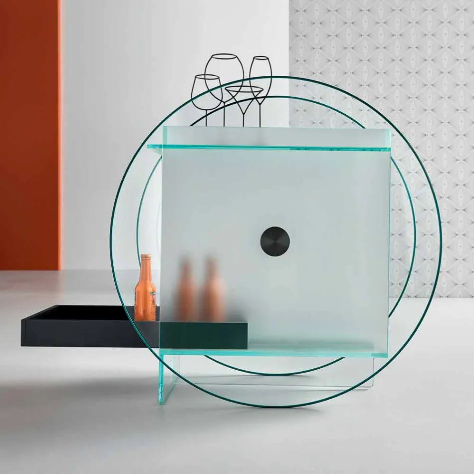 Carrinho-bar em vidro extra claro com rodas e bandeja extraível - Pigolo Viadurini