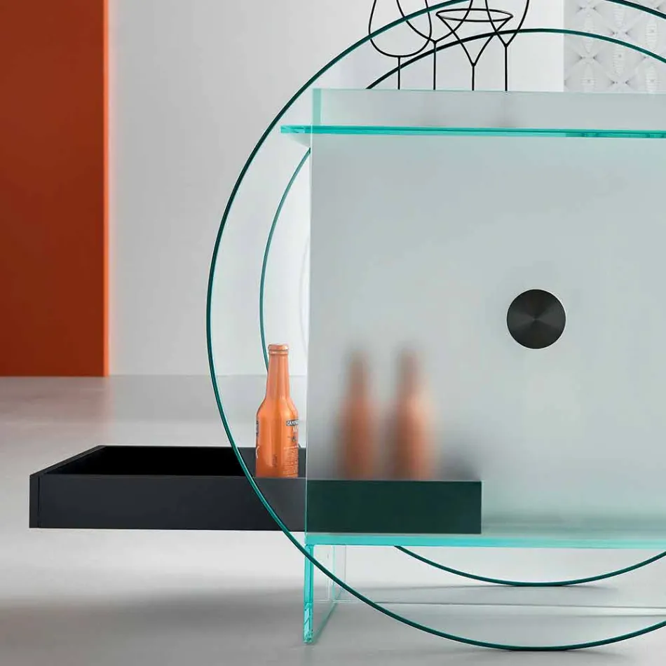 Carrinho-bar em vidro extra claro com rodas e bandeja extraível - Pigolo Viadurini