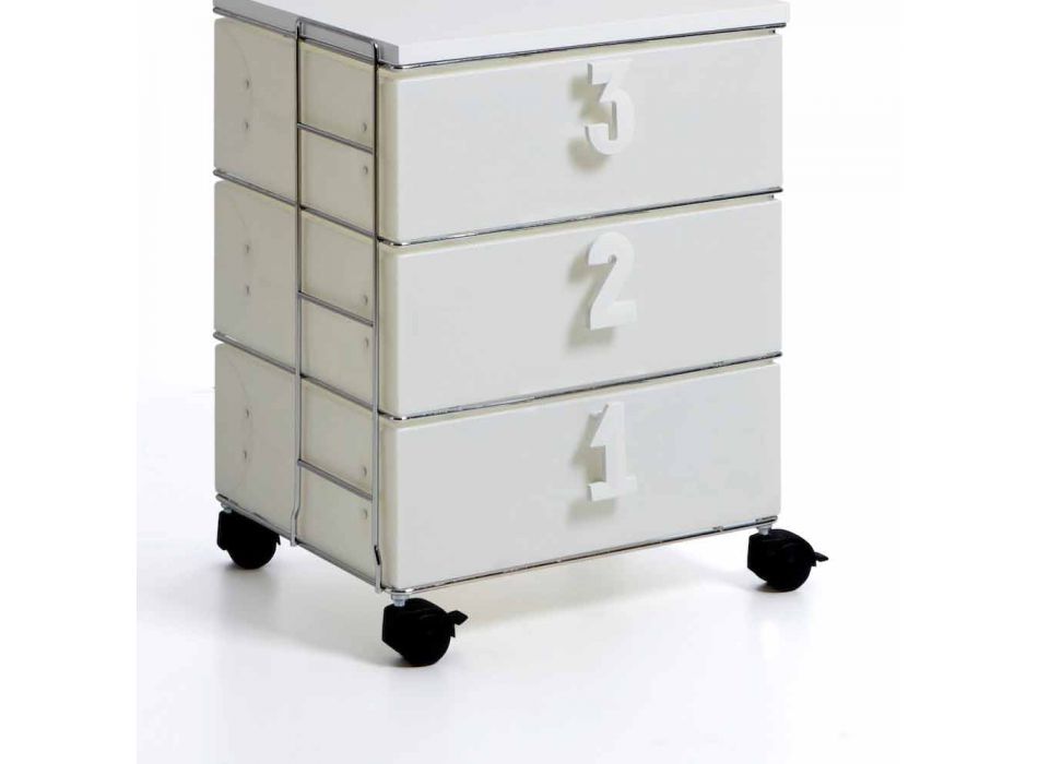3 cômoda de gaveta com alças numéricas e rodas Yodi brancas Viadurini