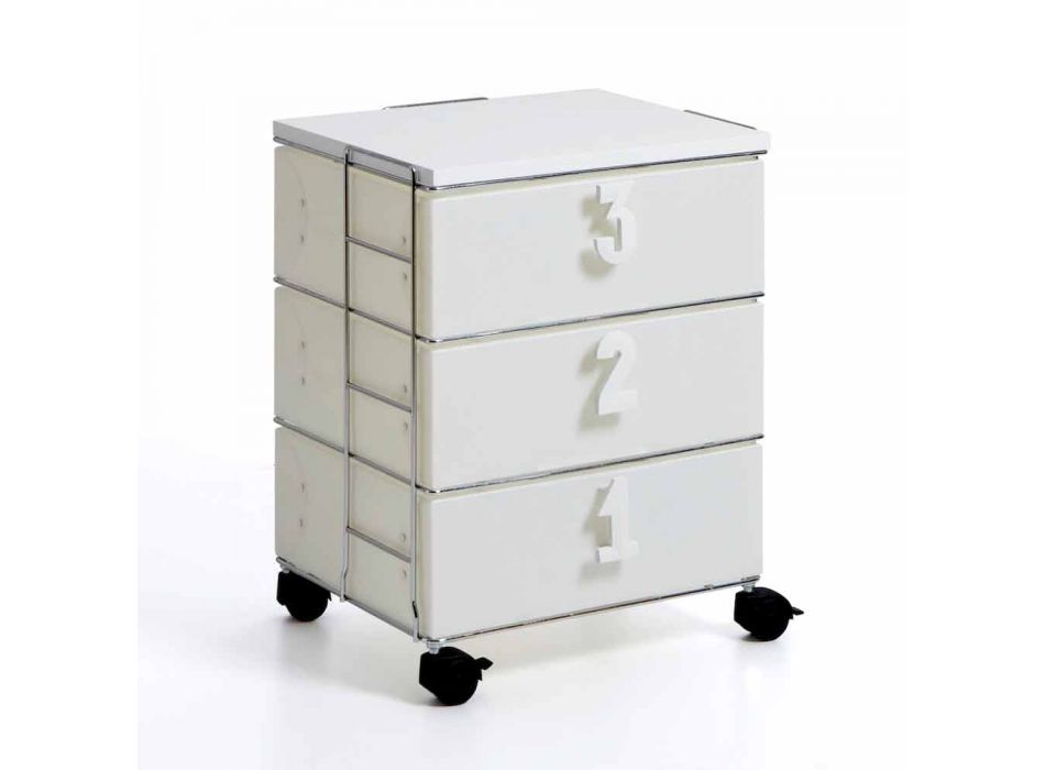 3 cômoda de gaveta com alças numéricas e rodas Yodi brancas Viadurini