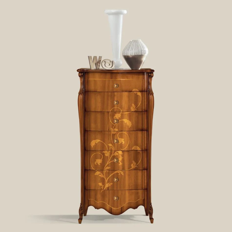 Cômoda de 7 gavetas em madeira de nogueira incrustada feita na Itália - Commodus Viadurini