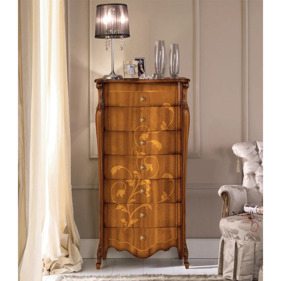 Cômoda de 7 gavetas em madeira de nogueira incrustada feita na Itália - Commodus Viadurini