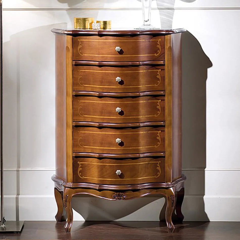 Cômoda de quarto com 5 gavetas de madeira clássicas feitas na Itália - Leonor Viadurini