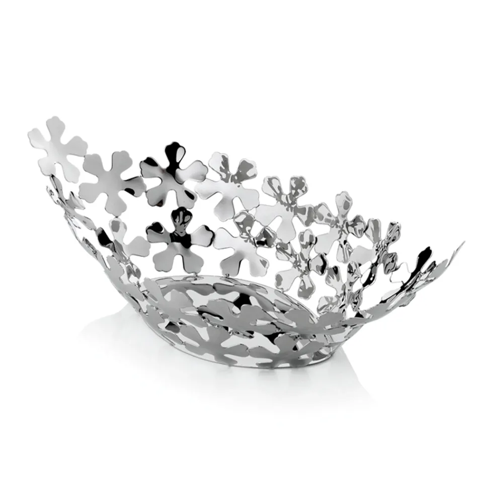 Peça central de design de metal prateado com decorações de flores de luxo - Megghy Viadurini