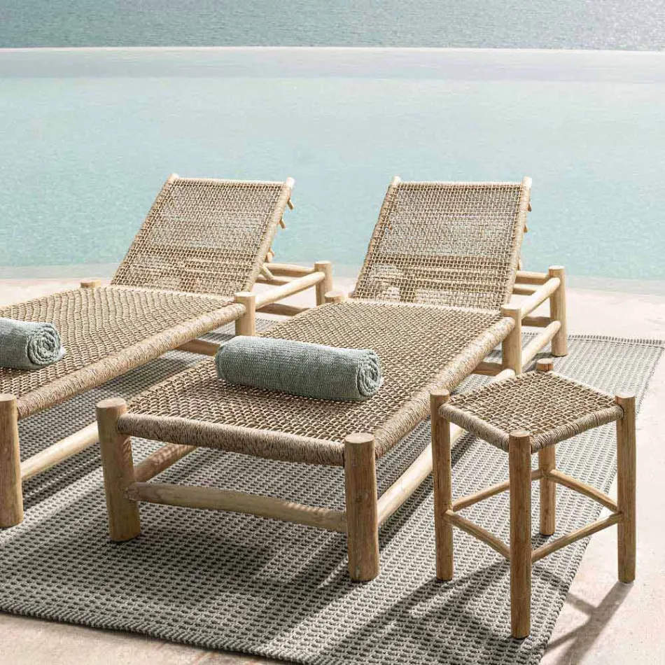 Espreguiçadeira Outdoor em Ramos de Teca e Tecelagem de Fibra Sintética - Tecno Viadurini