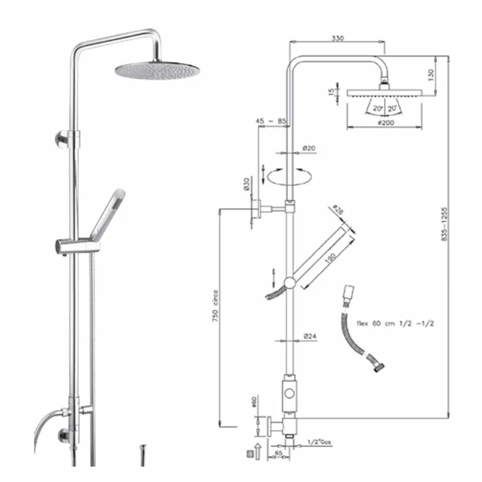Coluna de Chuveiro de Seção Redonda em Latão com Chuveiro de Mão Made in Italy - Amadeo Viadurini