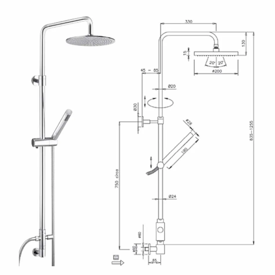 Coluna de Chuveiro de Seção Redonda em Latão com Chuveiro de Mão Made in Italy - Amadeo Viadurini