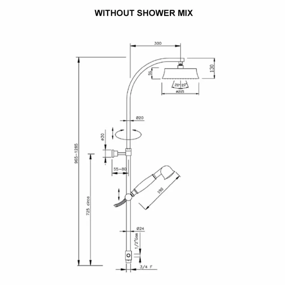 Coluna de banho clássica de latão com cabeça de chuveiro redonda Made in Italy - Yari Viadurini