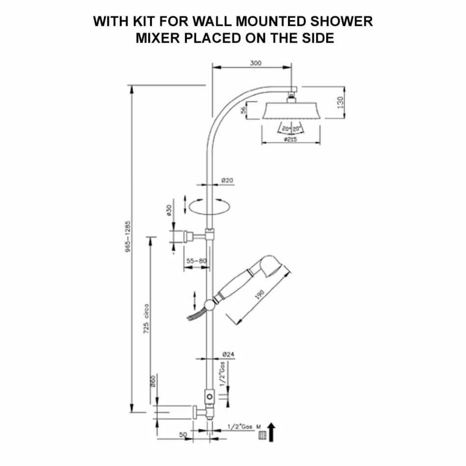 Coluna de banho clássica de latão com cabeça de chuveiro redonda Made in Italy - Yari Viadurini