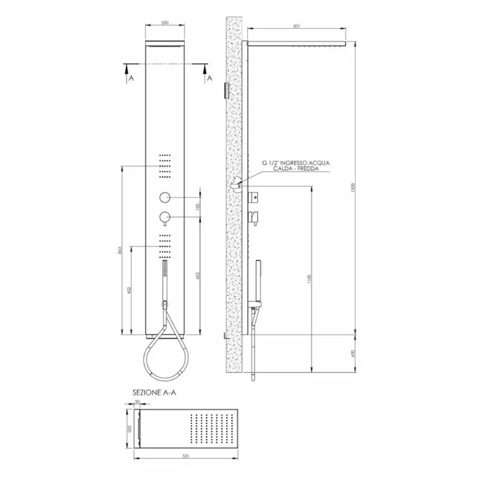 Coluna de Chuveiro de Aço com Chuveiro de Chuva Made in Italy - Sailor Viadurini