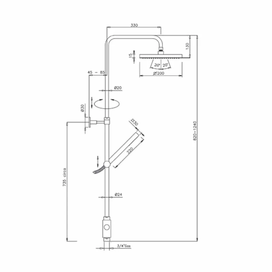 Coluna de duche em latão com cabeça de chuveiro e duche de mão em Abs Made in Italy - Lesio Viadurini