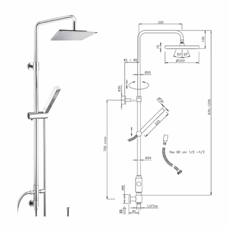 Coluna de duche em latão com cabeça de chuveiro e duche de mão em Abs Made in Italy - Lesio Viadurini