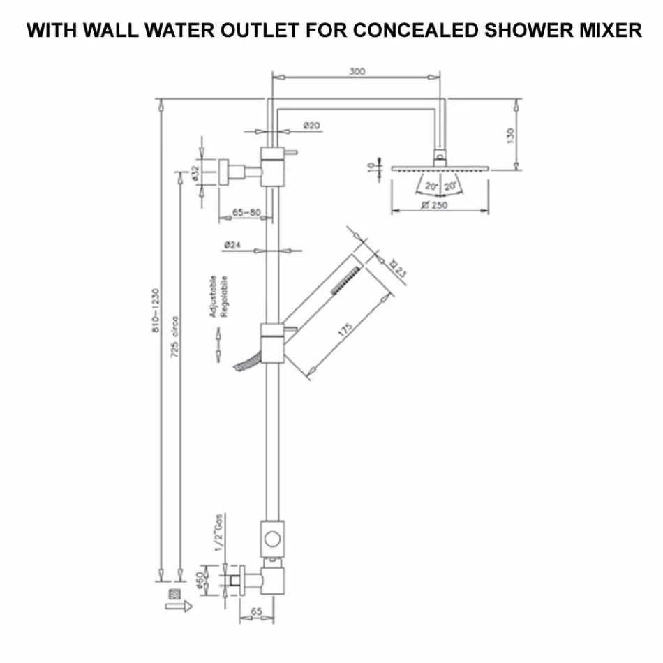 Coluna de chuveiro de latão com cabeça de chuveiro quadrada de aço Made in Italy - Lipari Viadurini