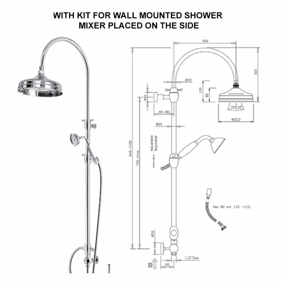 Coluna de banho de latão com cabeça de chuveiro redonda e chuveiro manual Made in Italy - Brillo Viadurini