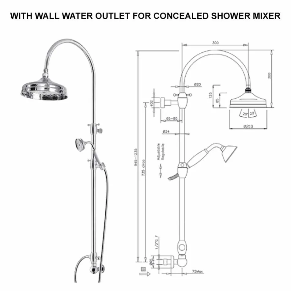 Coluna de banho de latão com cabeça de chuveiro redonda e chuveiro manual Made in Italy - Brillo Viadurini