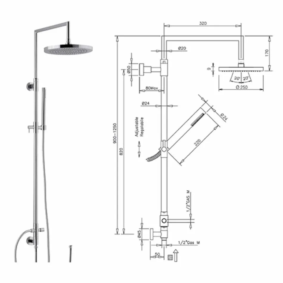 Coluna de duche em latão cromado com duche de mão abs made in Italy - Selvio Viadurini