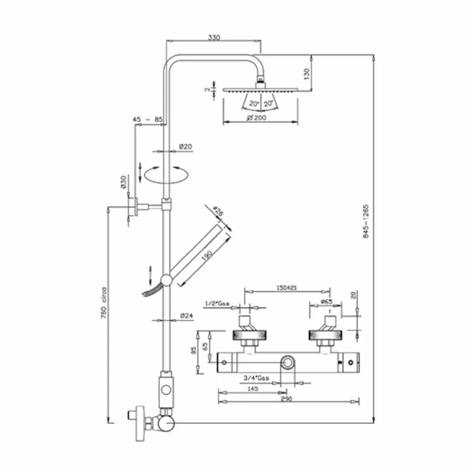 Coluna de duche em latão cromado com cabeça quadrada Made in Italy - Studio Viadurini