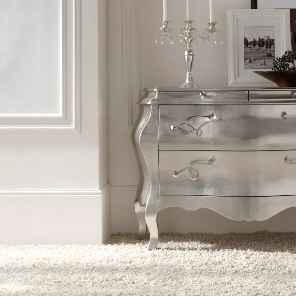 Cômoda em Madeira Maciça com Acabamento em Folha de Prata Made in Italy - Bruges Viadurini