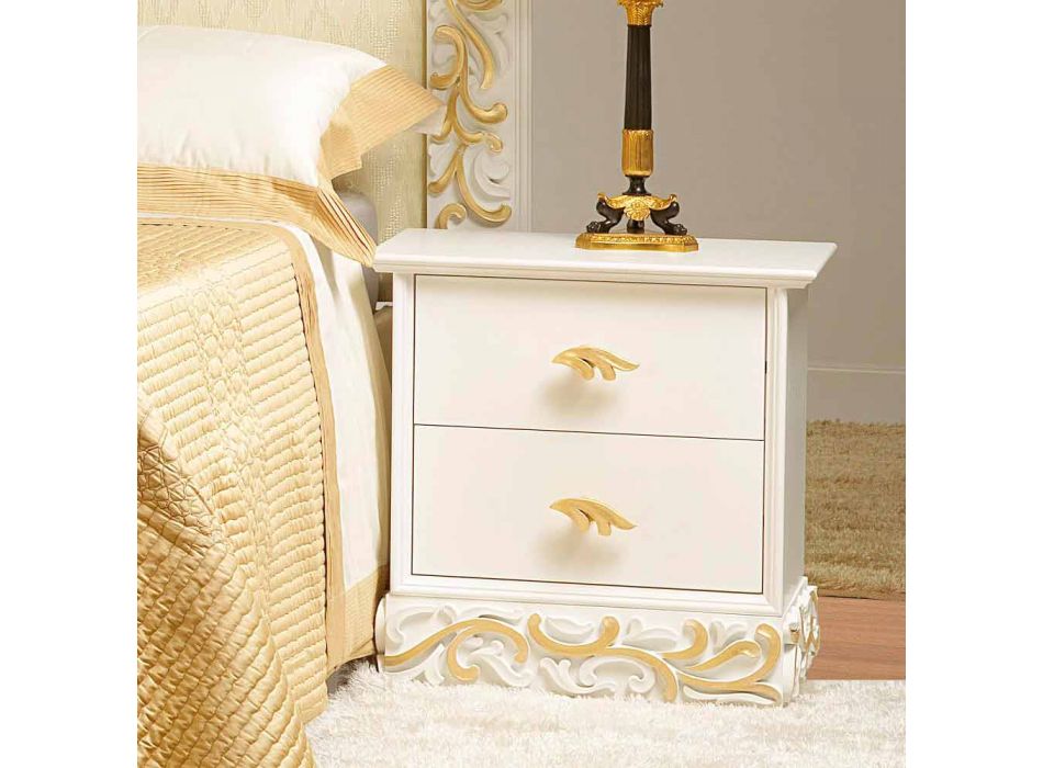 Mesa de cabeceira de madeira com 2 gavetas e decorações em ouro Kush, feita na Itália Viadurini