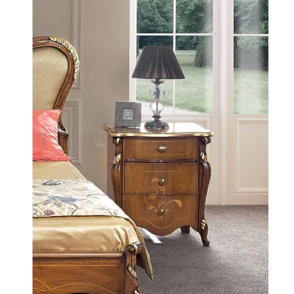 Mesa-de-cabeceira Clássica 3 Gavetas Luxo Madeira Nogueira Feita na Itália - Cambrige Viadurini