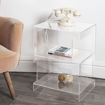 Mesa de cabeceira com prateleira e moderno design de cristal acrílico transparente - Icaria Viadurini