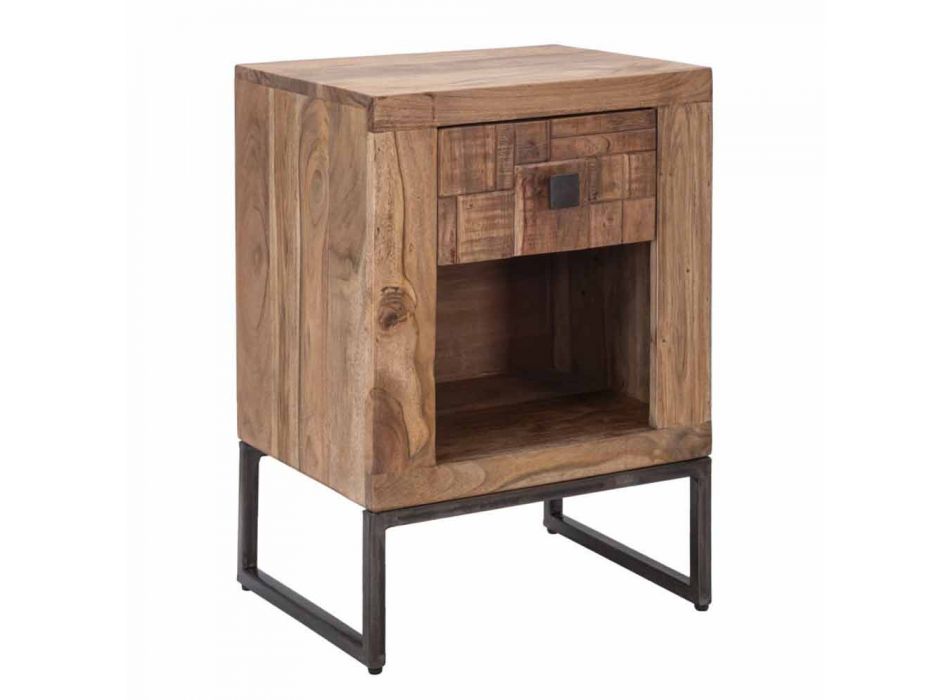 Mesa de cabeceira de design com gaveta em madeira de acácia e ferro - Dionne Viadurini
