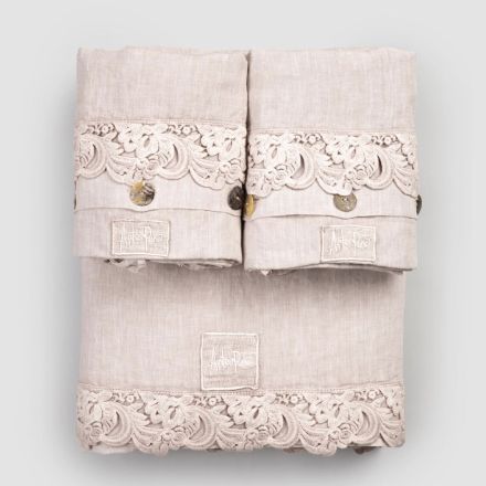 Conjunto de lençóis de 2 cores de linho leve e renda Armonia para cama de casal - Dettox Viadurini