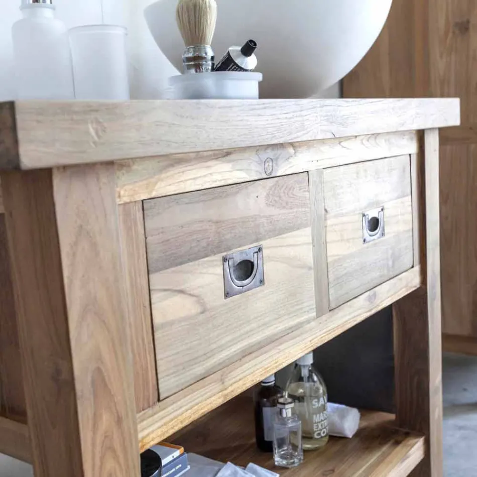 Composição 3 Móveis de Banheiro em Madeira Teca com Lavatório de Resina - Essence Viadurini