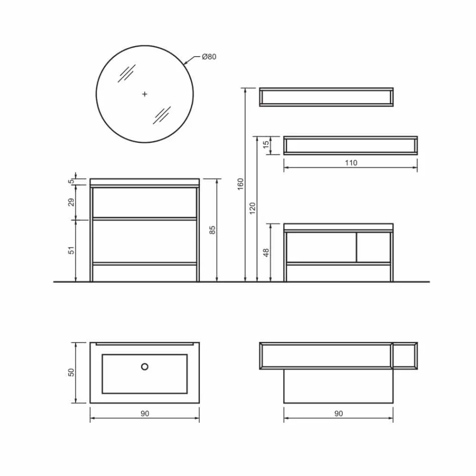 Composição 5 Móveis de Banheiro Independentes em Metal, Ecolegno e Grés Luxo - Cizco Viadurini