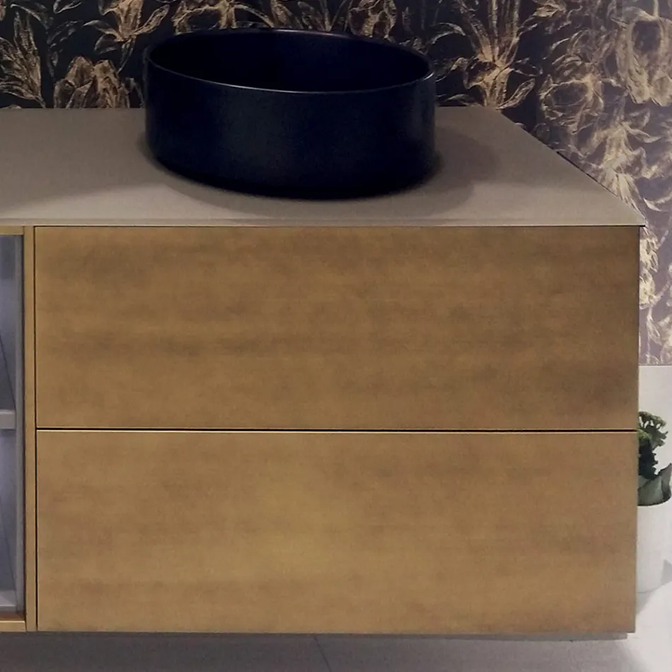 Composição 5 Móveis de Banheiro Suspensos em Madeira e Cristal Made in Italy - Renga Viadurini