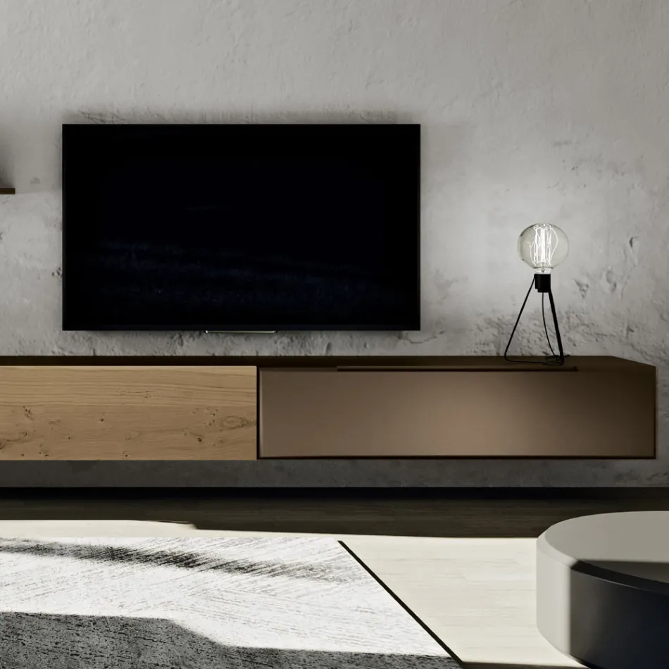 Composição de Parede Moderna em Carvalho Nórdico e Acabamento em Ferro - Iselin Viadurini