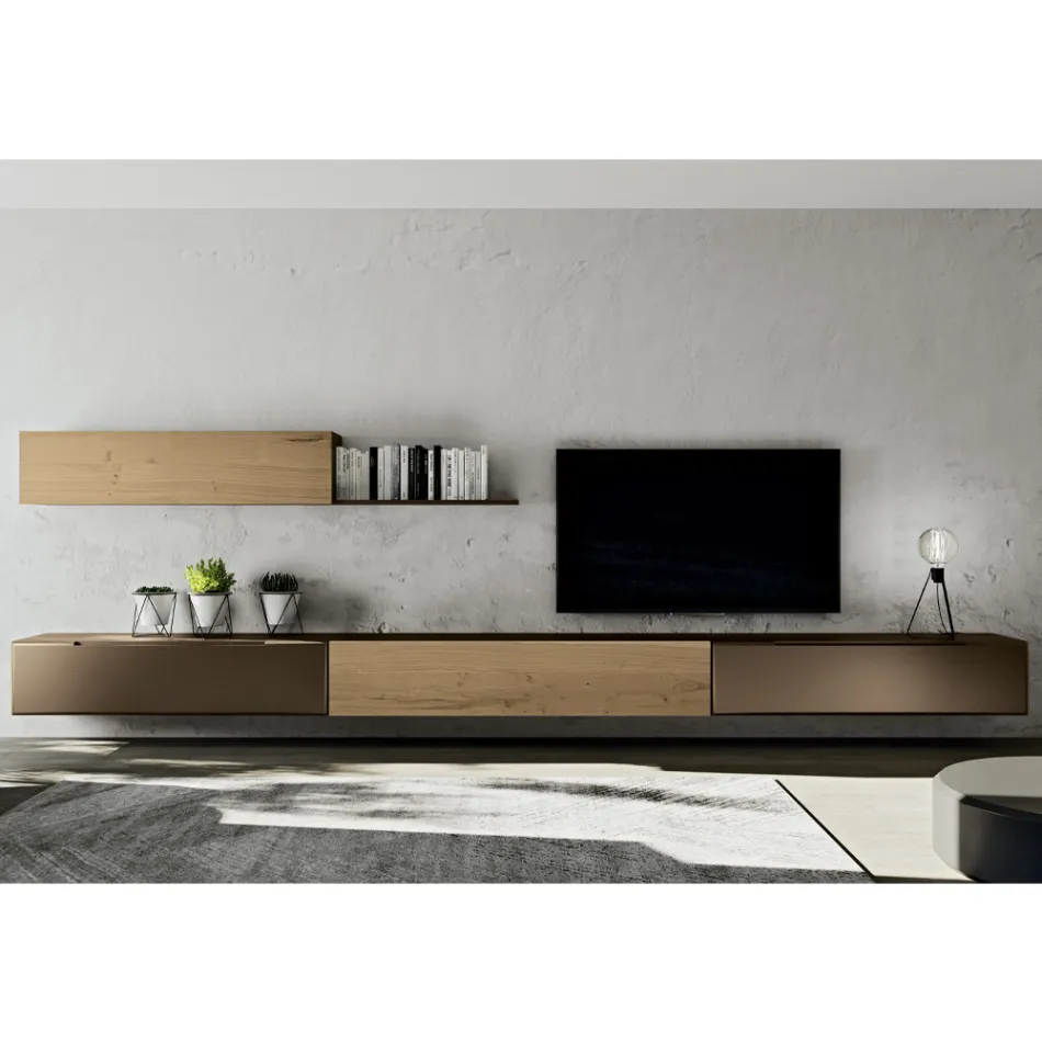 Composição de Parede Moderna em Carvalho Nórdico e Acabamento em Ferro - Iselin Viadurini