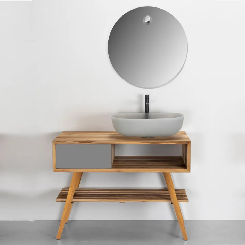 Composição de Móveis de Banheiro Cinza com Espelho e Armário de Chão - Sylviane Viadurini