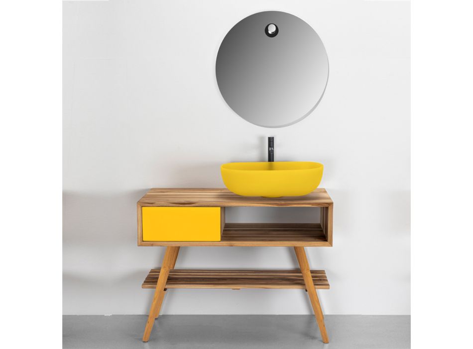 Composição de móveis de banheiro amarelo com acessórios coloridos - Sylviane Viadurini