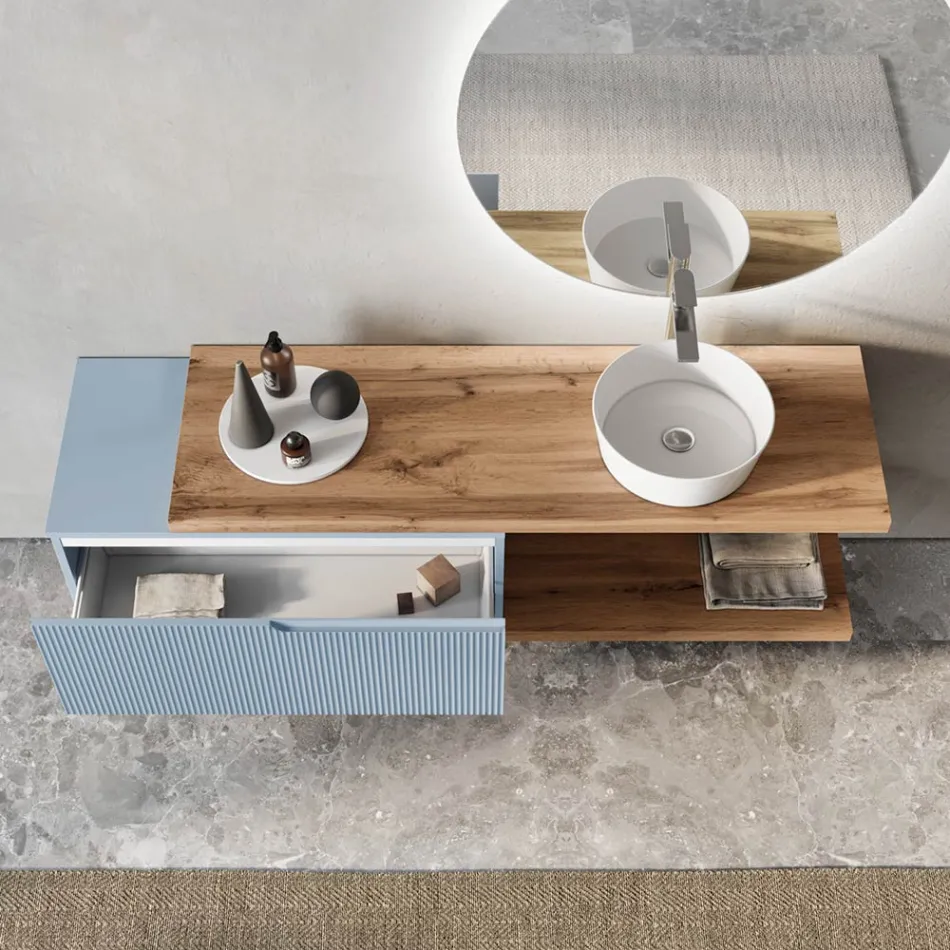 Composição de banheiro azul Tiffany e carvalho com espelho Made in Italy - Ermes Viadurini