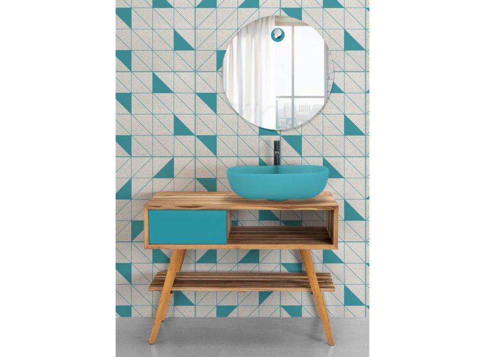 Composição de banheiro azul com armário e acessórios em teca - Sylviane Viadurini