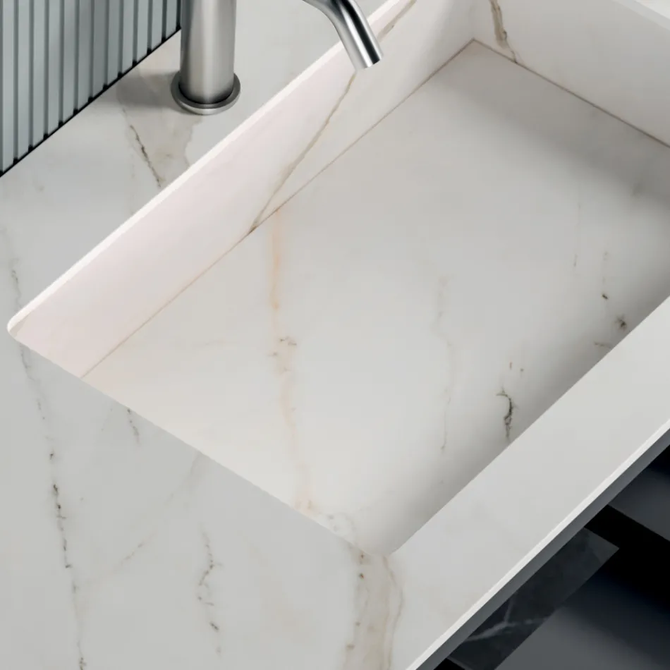 Conjunto para banheiro com 1 base, 1 gaveta, compartimento aberto e espelho - Titan Viadurini