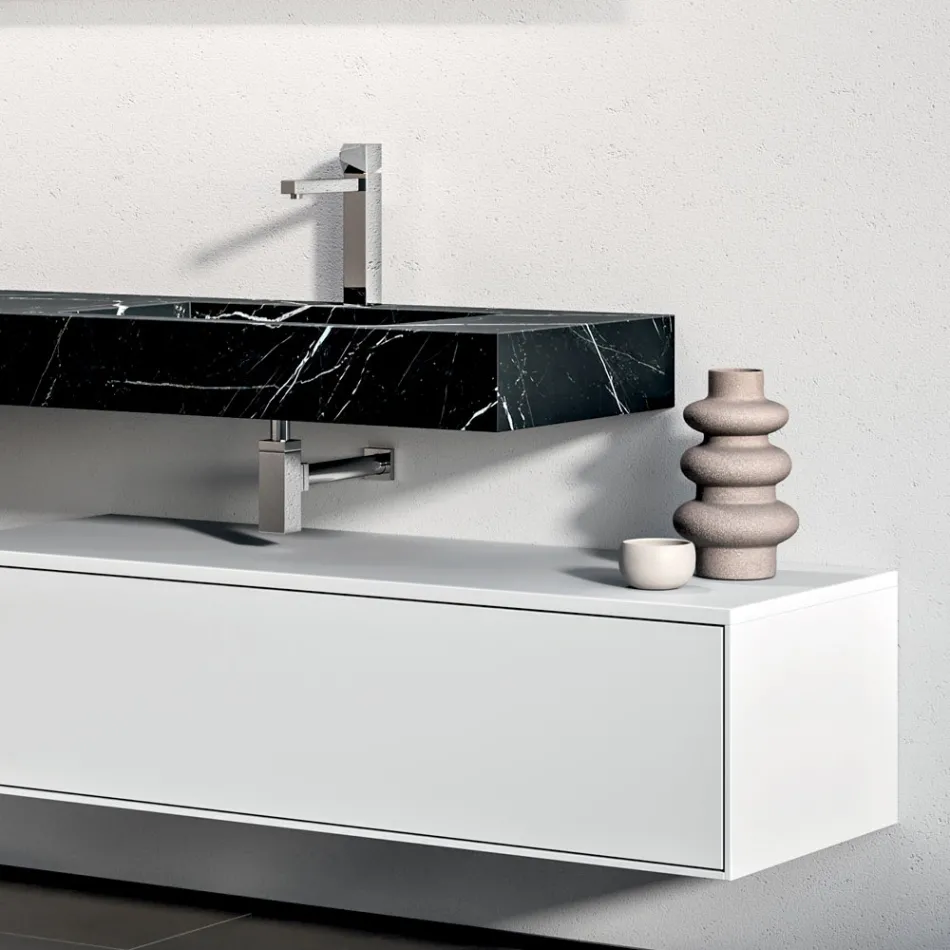 Conjunto para banheiro com 1 gaveta branca, espelho e prateleira Marquina em HPL - Velaria Viadurini