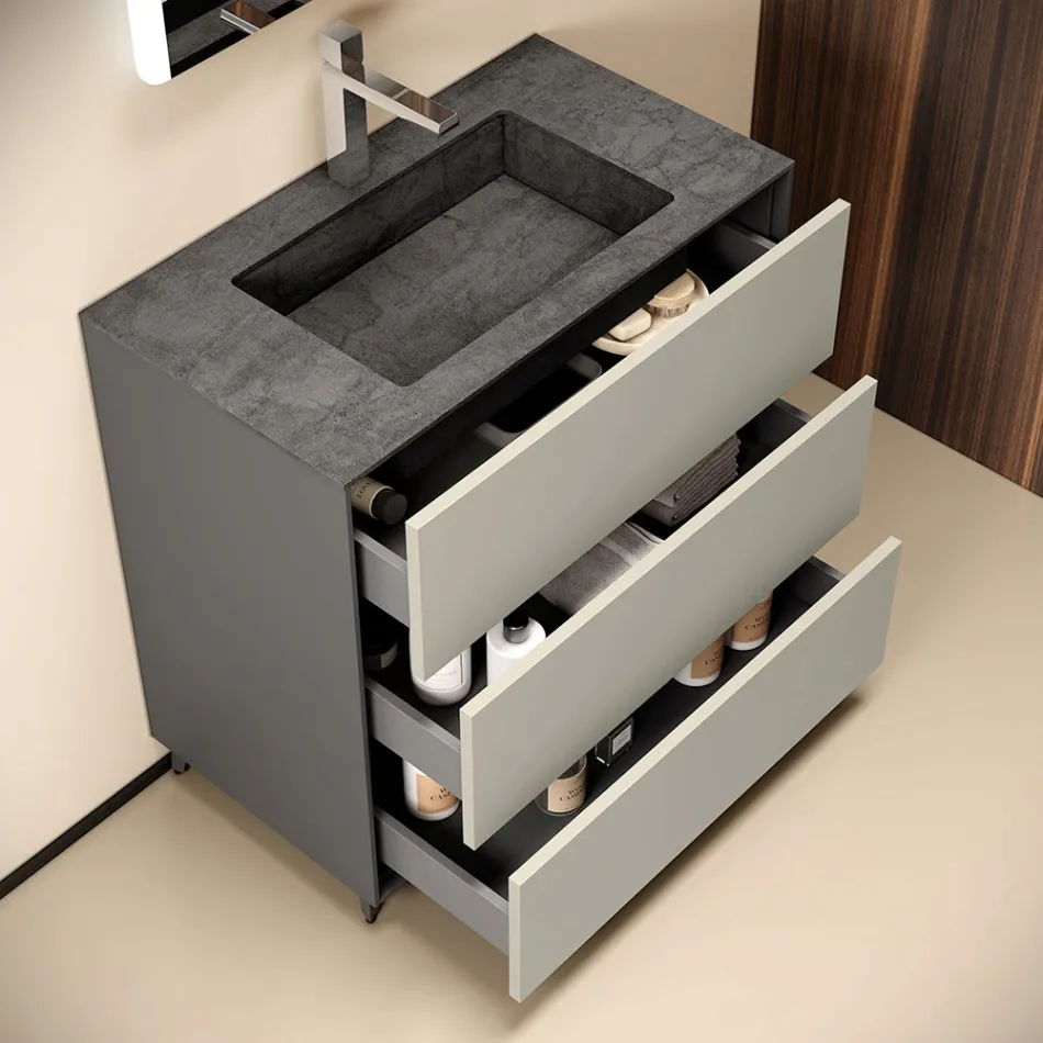 Conjunto para banheiro com 3 gavetas cinza-pombo fosco, espelho e pia - Velaria Viadurini