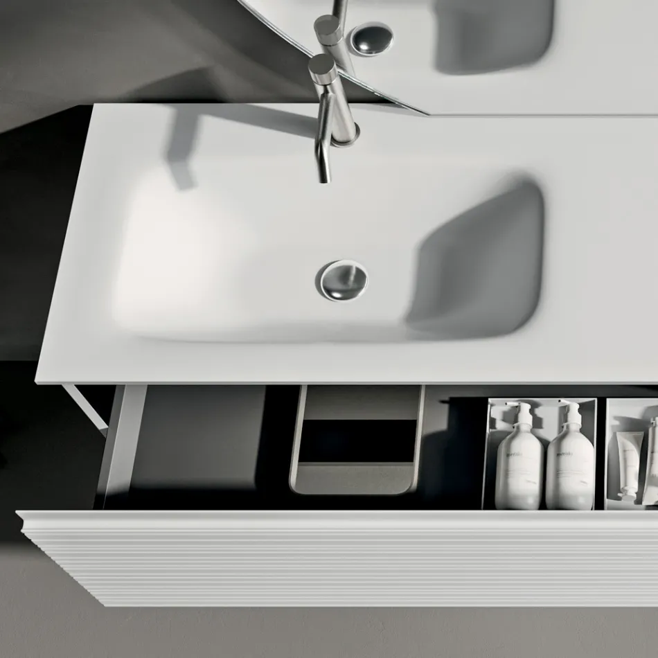 Conjunto de banheiro com gavetas, pia de cerâmica e espelho com LED - Elios Viadurini