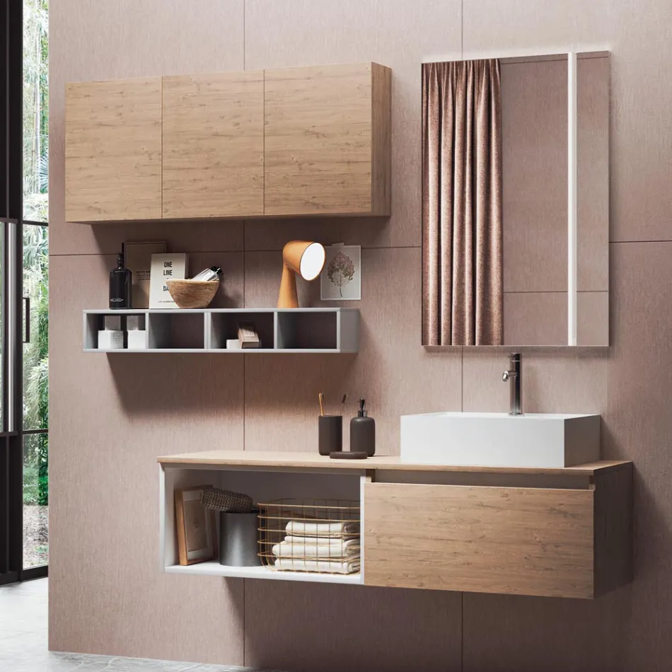 Composição Casa de Banho com Espelho com Candeeiro Integrado, Lavatório e Base - Dream Viadurini